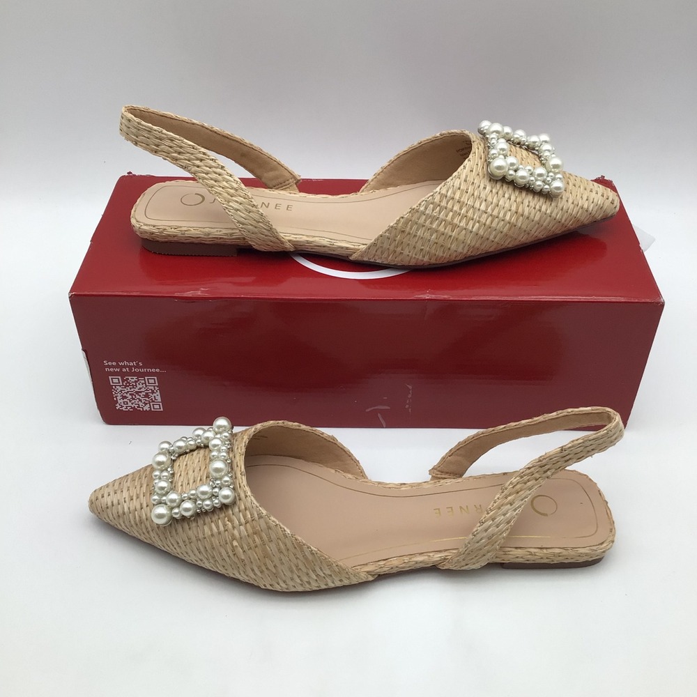Journee Collection Hannae Natural Woven Pearl Buckle Slingback Flats Size 9M NEW